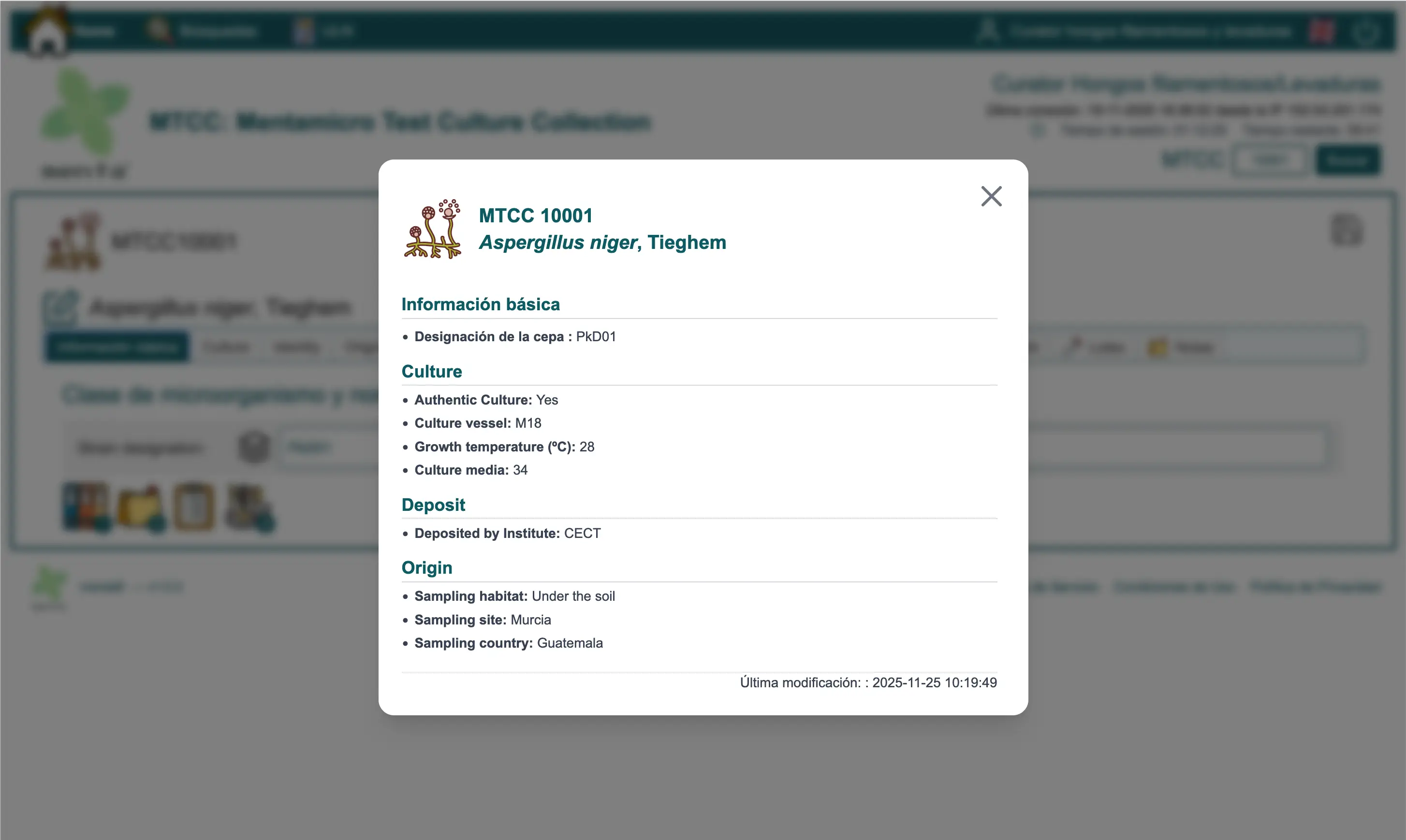 Vista completa de la información histórica de una cepa en menta