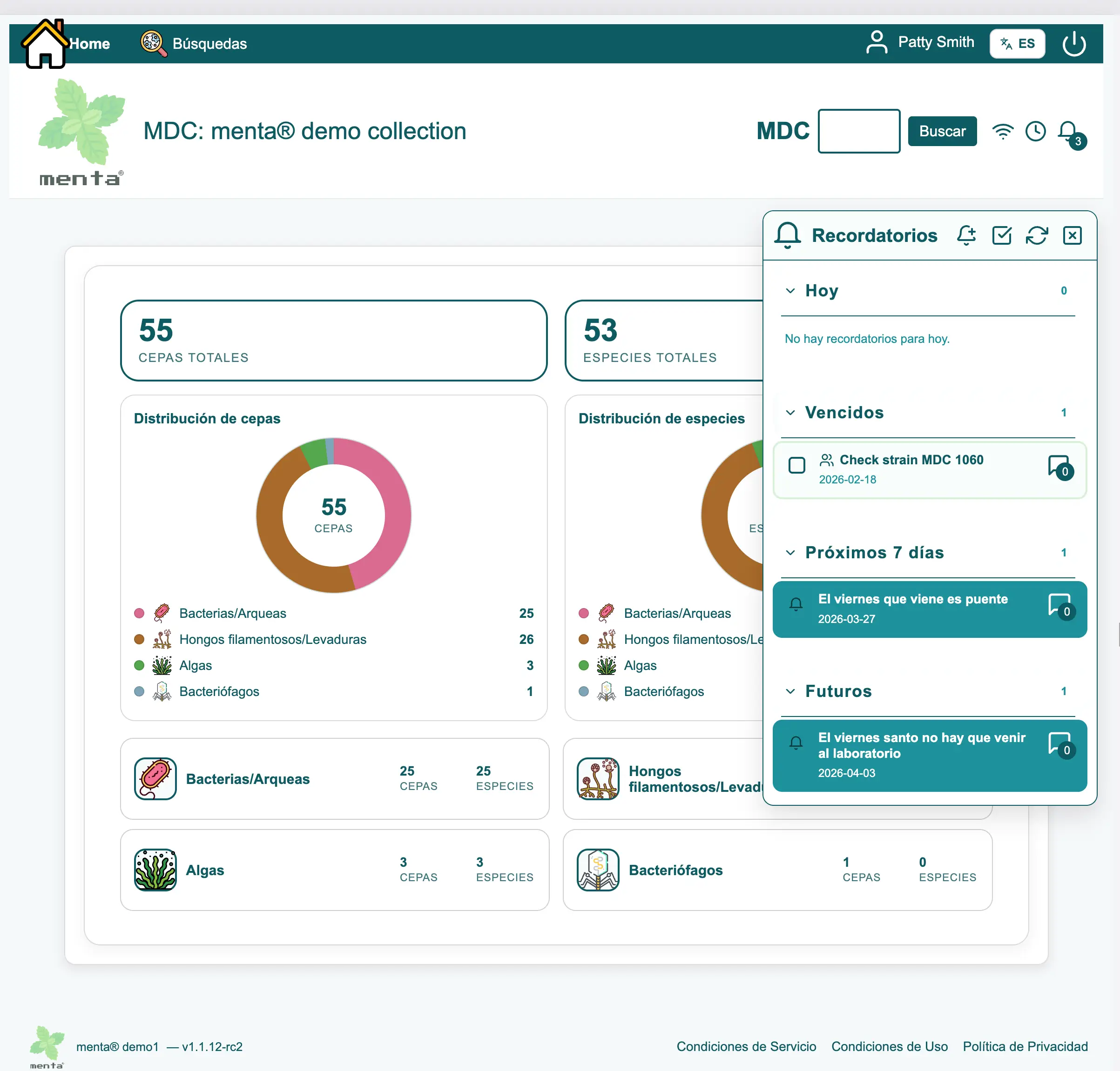 Panel de recordatorios y tareas pendientes en menta